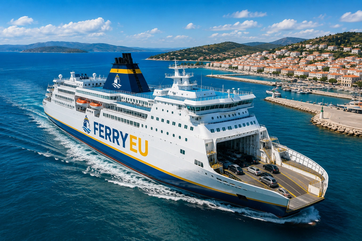 Passasjerferge som seiler ved en europeisk kysthavn